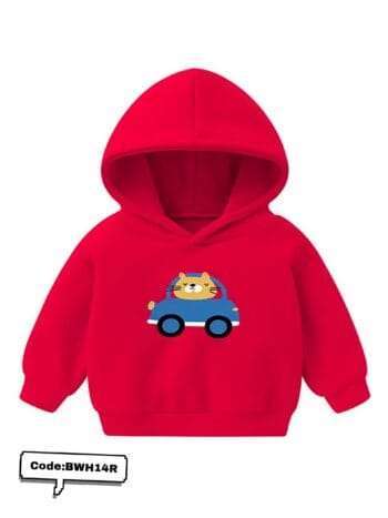 Red hoodie with a funny cat and car print on the front