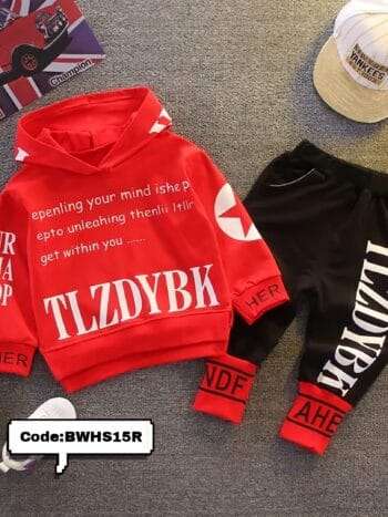Children's red hoodie and black pants with large "TLZDYBK" print and stylish writing on the red hoodie; matching black pants with the same design