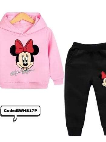 Children's pink hoodie and black pants; Minnie Mouse print on both pieces