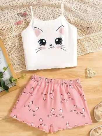 Cute cat print short tops for kids